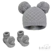 H610-G: Grey Pom Pom Hat & Bootee Set (0-6m)